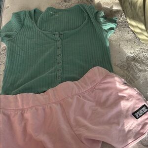 American Eagle Outfitters Teal Ribbed Button-Front Top/ VS PINK MED